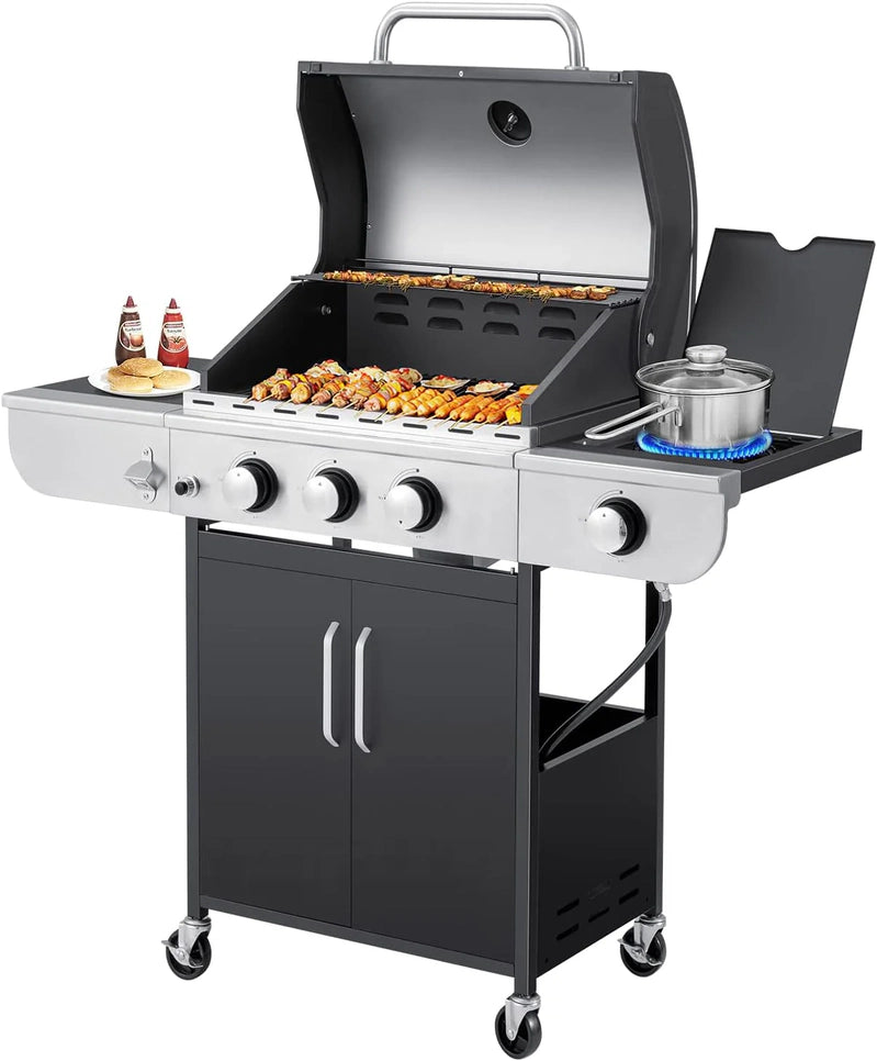 Upgraded 4 Burner Bbq Propane Gas Grill With Cast Iron Grates And Side Stove, 44,000 BTU Stainless Steel Burner Barbecue Grill For Patio