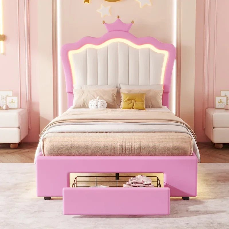 Twin Size Upholstered Bed Frame With LED Lights, Modern Upholstered Princess Bed With Crown Headboard, A Drawer, Pink Plus White