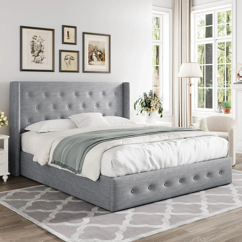 Allewie Queen Size Lift Up Storage Bed, Modern Wingback Headboard, Hydraulic Support, No Box Spring Needed, Light Beige