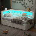 Upholstered Platform Bed With USB Ports And LED Lighting, Full/Twin Size Bed Frame With 2 Storage Drawers, Modern Bedroom
