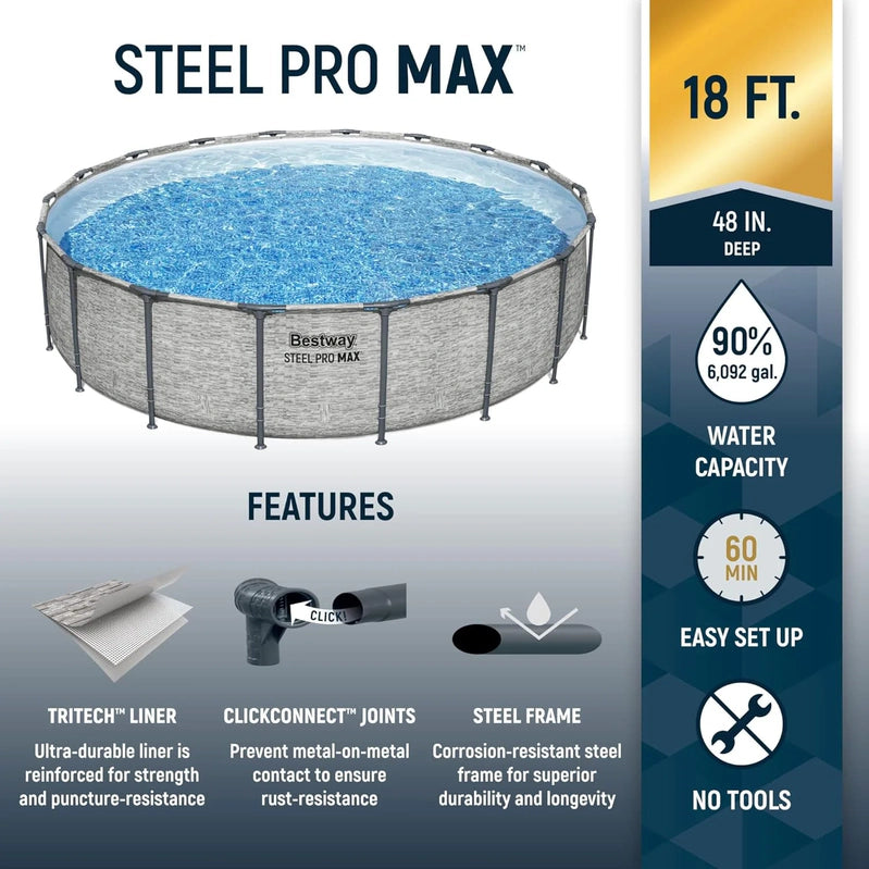 Steel Pro MAX 14 Ft. x 48 In. Round Metal Frame Above Ground Outdoor Swimming Pool Set With 1,000 Filter Pump, Ladder, And Cover, Gray