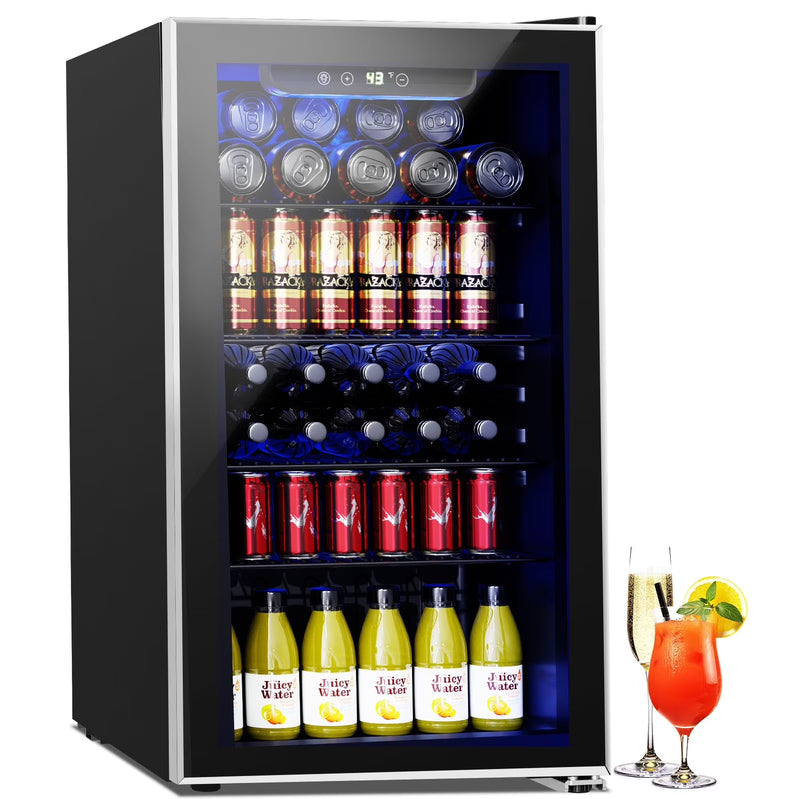 Auseo 126 Can Beverage Refrigerator And Cooler With Glass Door For Home/Office/Bar-Black
