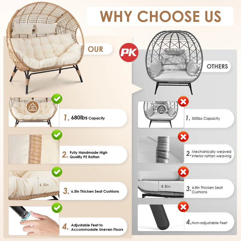 Radiata Double Egg Chair For 2 Person, Oversized Wicker Loveseat With Thick Cushions, 680 Lbs Capacity
