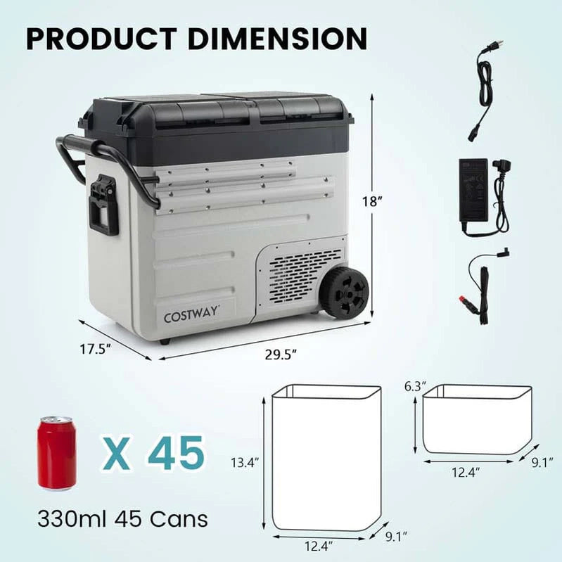 40-Quart Dual-Zone Car Refrigerator With Wheels, 12V/24V DC And 100-240V AC Portable Car Fridge Cooler Freezer