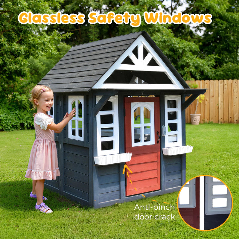 Coclub Outdoor Playhouse For Kids Ages 4-8, Wooden Play House With Doorbell, Phone, Kitchen Toys, Outdoor Kids Play Equipment, Casa Para Ni As