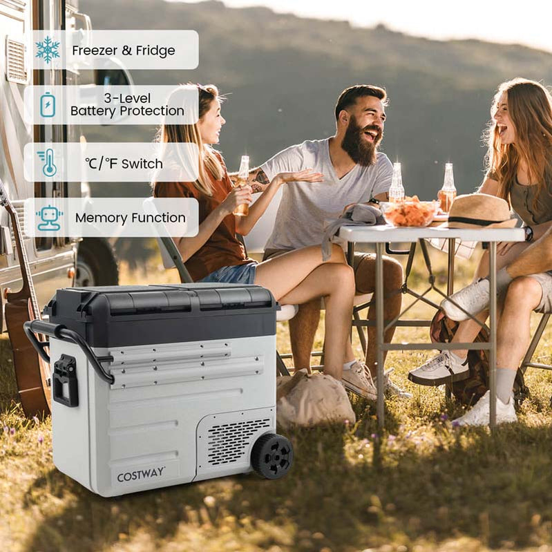 40-Quart Dual-Zone Car Refrigerator With Wheels, 12V/24V DC And 100-240V AC Portable Car Fridge Cooler Freezer