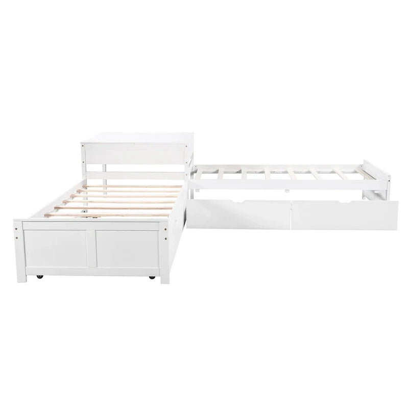 White Modern Twin Size L-Shaped Platform Bed With Trundle And Drawers For Bedroom