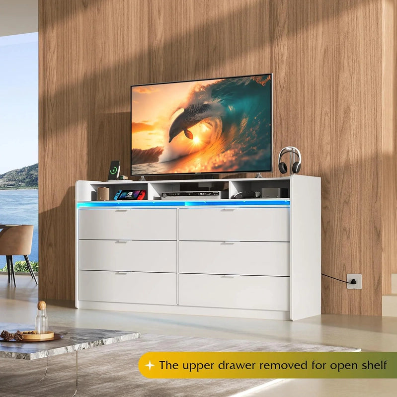 9 Drawer LED Dresser For Bedroom, 58.35 In. Wide Wood Dresser Storage Organizer With Power Outlets For 65 In. TV, Dressers With Open Shelves