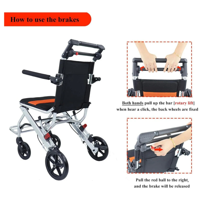 Ultra-Light Portable Folding Wheelchair, Travel-Friendly With Handbrake, 220 Lbs Capacity, Ideal For Elderly And Children