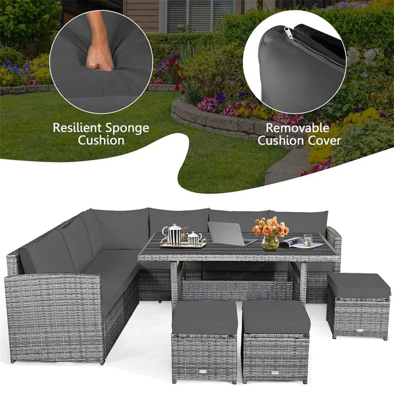 7 Pcs Rattan Patio Dining Furniture Sectional Sofa Set With Dining Table, Ottomans And Cushions