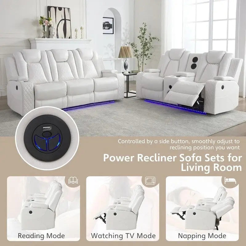 Power Reclining Sofa With Wireless Charger, Reading Light For Living Room, Faux Leather LED Light, AC/USB Port, Cup Holder, Black