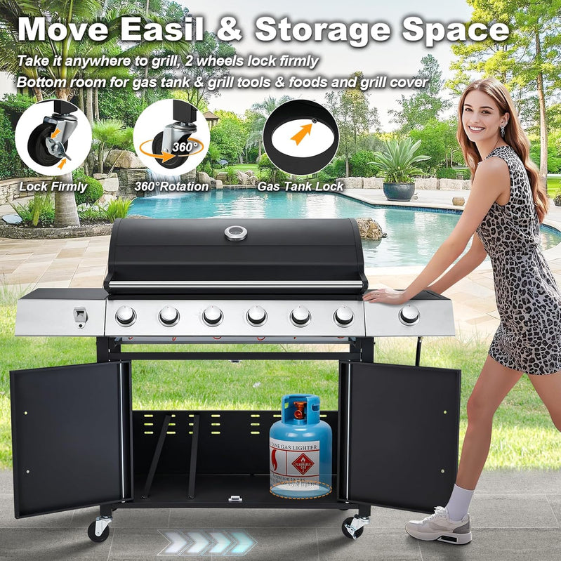 Upgraded 4 Burner Bbq Propane Gas Grill With Cast Iron Grates And Side Stove, 44,000 BTU Stainless Steel Burner Barbecue Grill For Patio