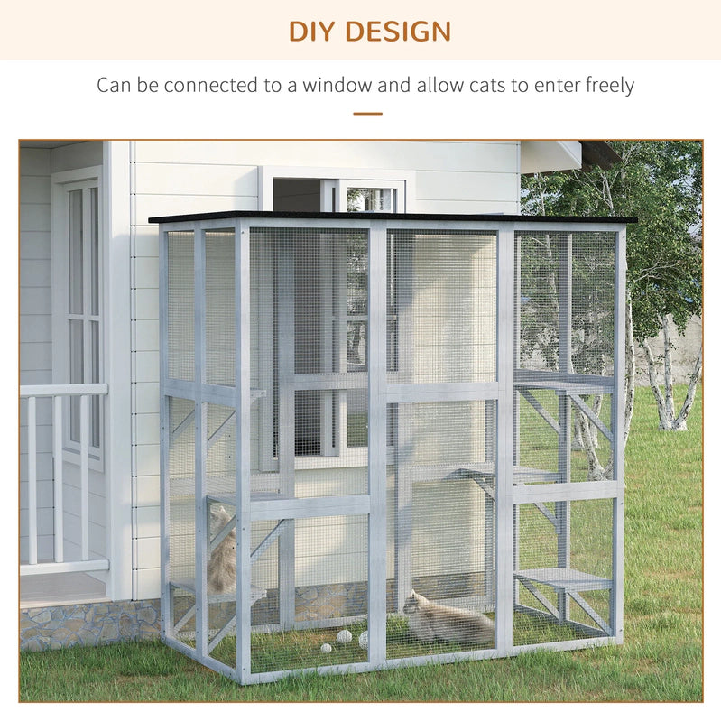 PawHut Wooden Catio Enclosure With Weather Protection, 6 Platforms, Outdoor, Large, 71 In. x 38.5 In. x 71 In