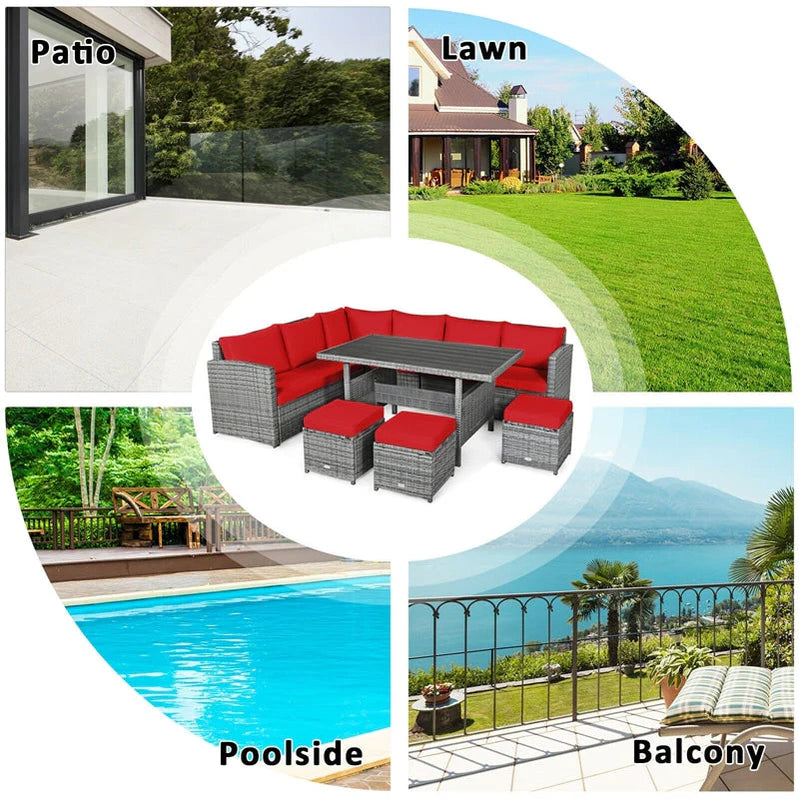 7 Pcs Rattan Patio Dining Furniture Sectional Sofa Set With Dining Table, Ottomans And Cushions