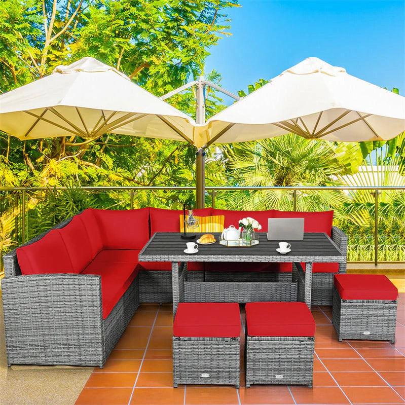 7 Pcs Rattan Patio Dining Furniture Sectional Sofa Set With Dining Table, Ottomans And Cushions