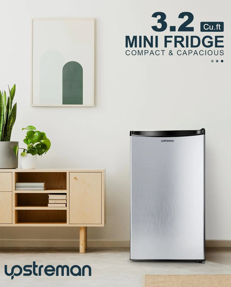 Upstreman 3.2 Cu. Ft. Mini Fridge With Freezer, Single Door Mini Fridge, Dorm Fridge, Adjustable Thermostat, Black-BR321