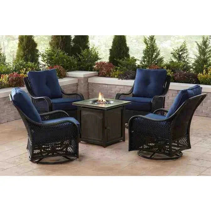 5-piece Steel Patio Fire Pit Seating Set With Navy Blue Cushions, Swivel Gliders And Square Fire Pit Table