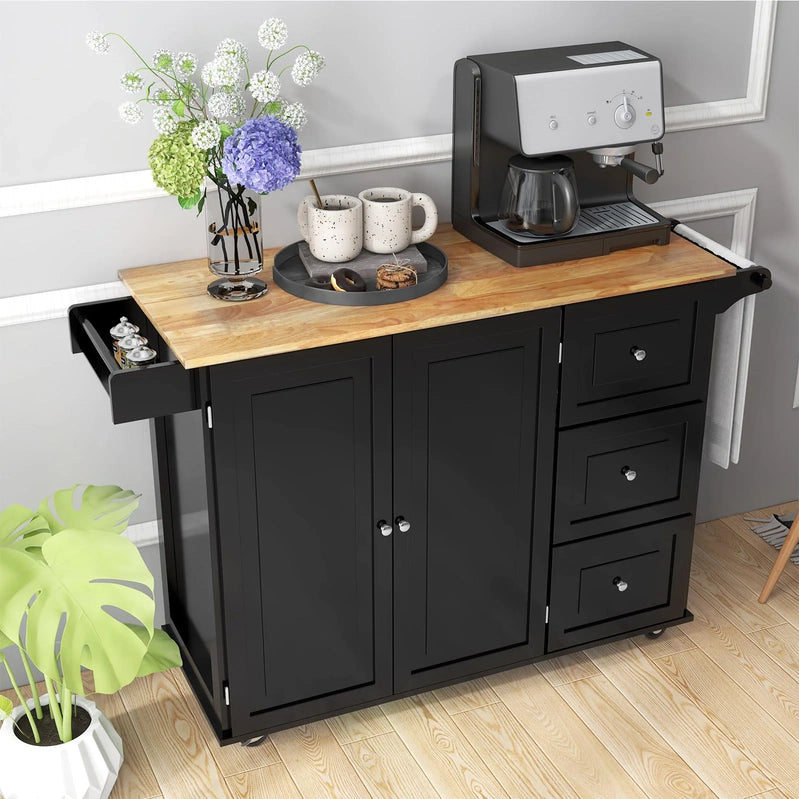 Giantex Kitchen Island Cart, Large Trolley Cart w/Drop-Leaf Tabletop, Large Cabinet, 3 Drawers, Spice Rack, Towel Rack