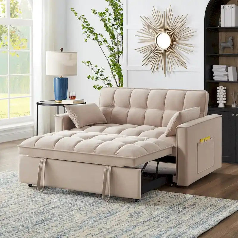 4-in-1 Pull-Out Sleeper Sofa Bed, Loveseat In Velvet-Convertible Couch Bed With Reclining Backrest,2 Side Pockets