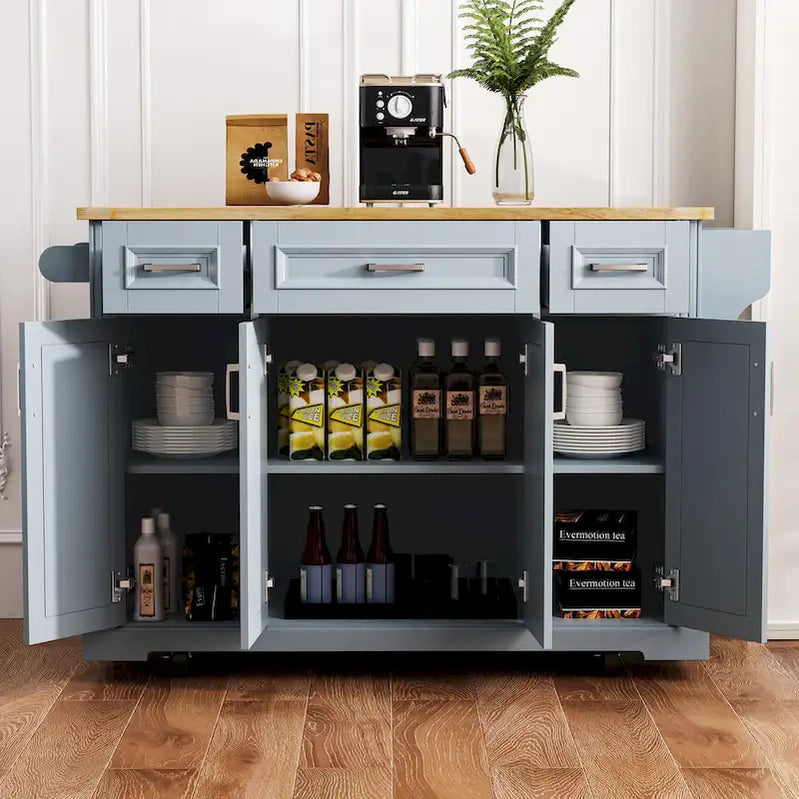 54 Large Kitchen Island With Rubber Wood Drop Leaf, Embossed Texture Rolling Kitchen Cart On 4 Wheels With 4 Doors And 3 Drawers