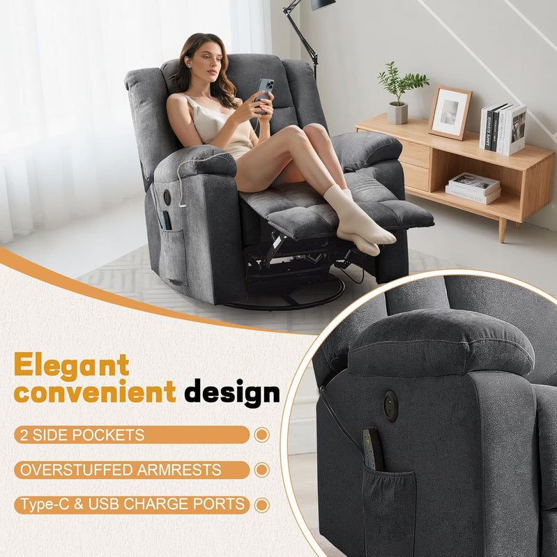 Rocker Recliner, Glider Recliner Chairs For Adults, 360 Degree Swivel Rocking Chair With Massage And Heating