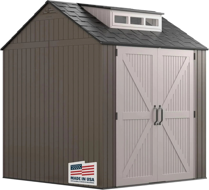 Rubbermaid Resin Garden Shed With Floor, 2.13 x 2.13 M, Weatherproof, Grey, For Storing Garden Tools, Lawnmowers, Bicycles And Pool Accessories
