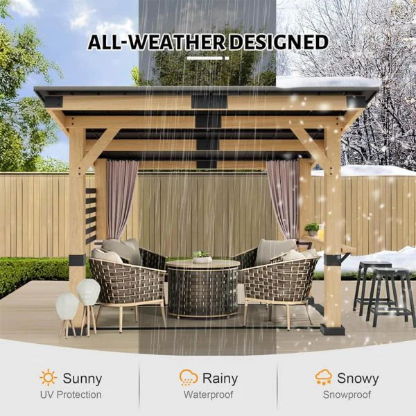 10x12FT Heavy Duty Premium Outdoor All-Season Wooden Cedar Hardtop Gazebo With Metal Roof And Back Curtains, SAK57184