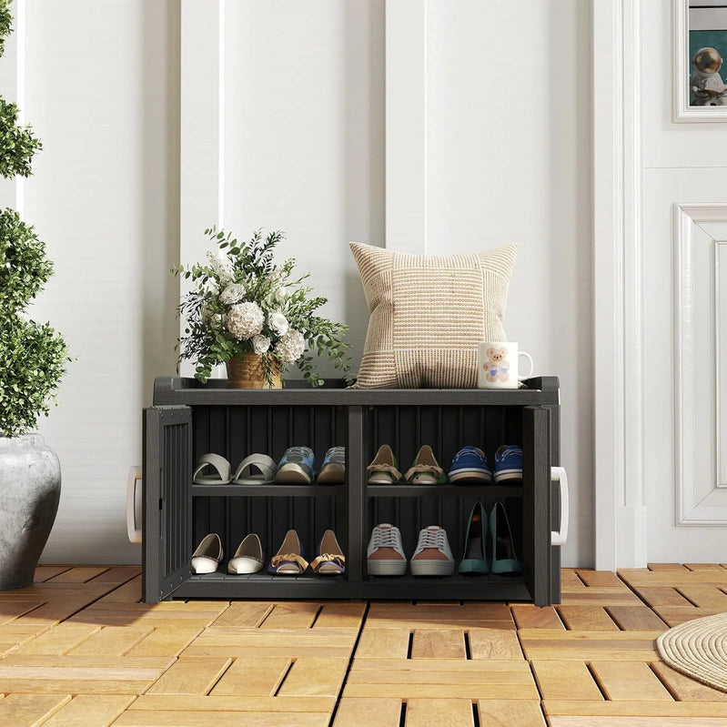 Kamaboko Outdoor Shoe Storage Cabinet, Waterproof UV-Resistant Entryway Storage Bench Indoor Outdoor With 2 Barn Doors