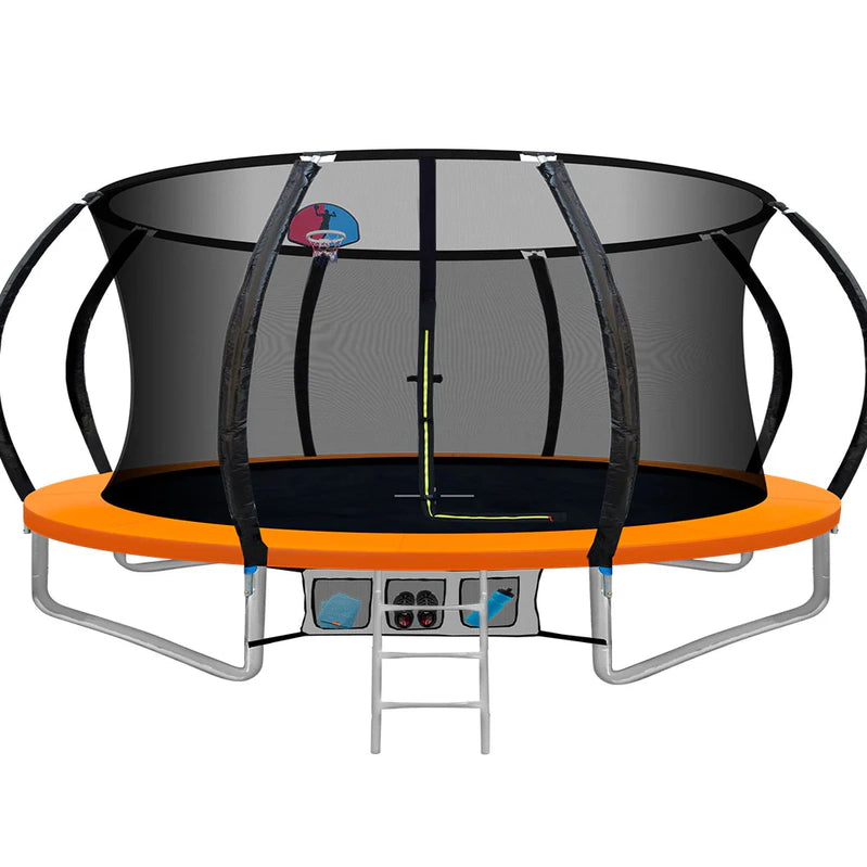 14 Ft. Trampoline Kids Trampoline Rebounder w/Ladder Basketball Hoop Orange