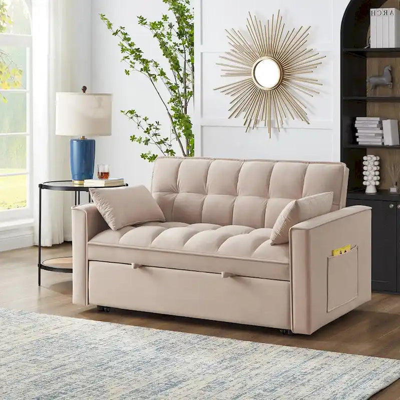 4 in1 Loveseat Sofa Bed With Armrests And Storage Pockets, Multi-Function Tufted Pull-Out Sofa Bed With Adjustable Backrest