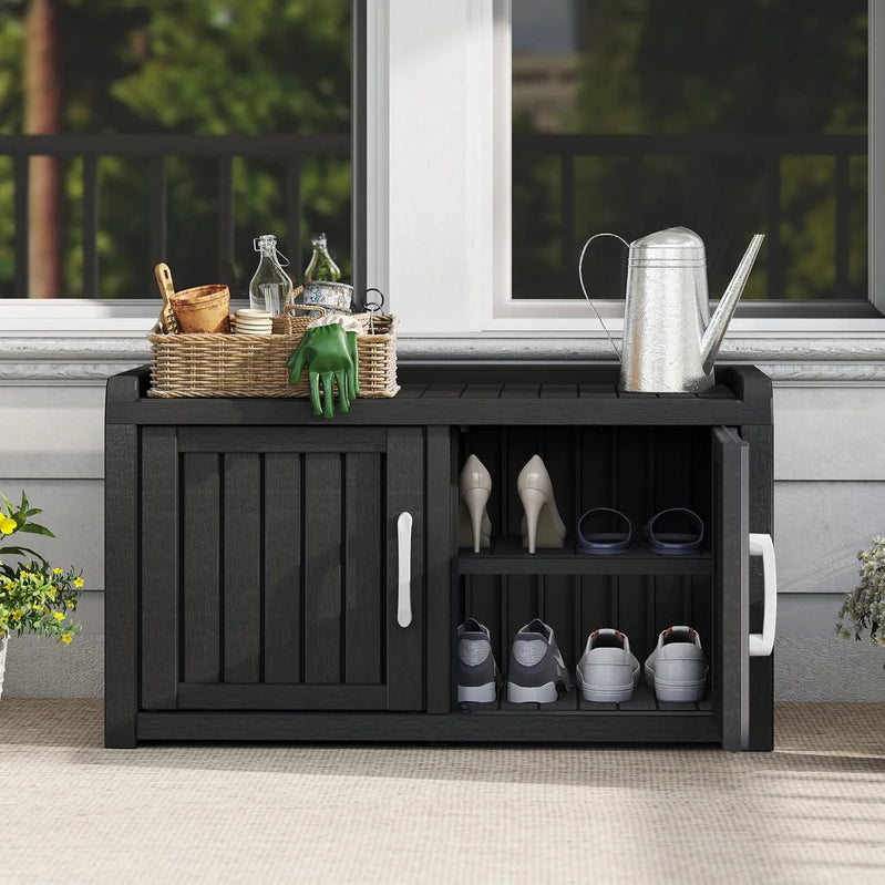 Kamaboko Outdoor Shoe Storage Cabinet, Waterproof UV-Resistant Entryway Storage Bench Indoor Outdoor With 2 Barn Doors