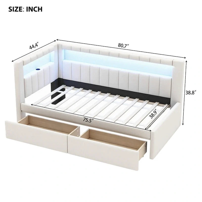 Upholstered Platform Bed With USB Ports And LED Lighting, Full/Twin Size Bed Frame With 2 Storage Drawers, Modern Bedroom