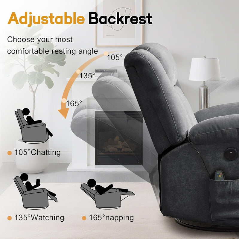 Rocker Recliner, Glider Recliner Chairs For Adults, 360 Degree Swivel Rocking Chair With Massage And Heating