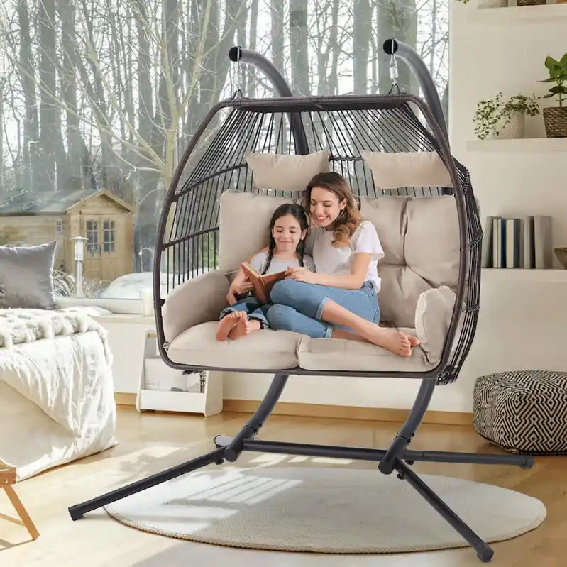 Outdoor Swing Loveseat With Stand, Foldable Hanging Chair, Hammock Cushion, And Awning, Double Egg Chair, Beige
