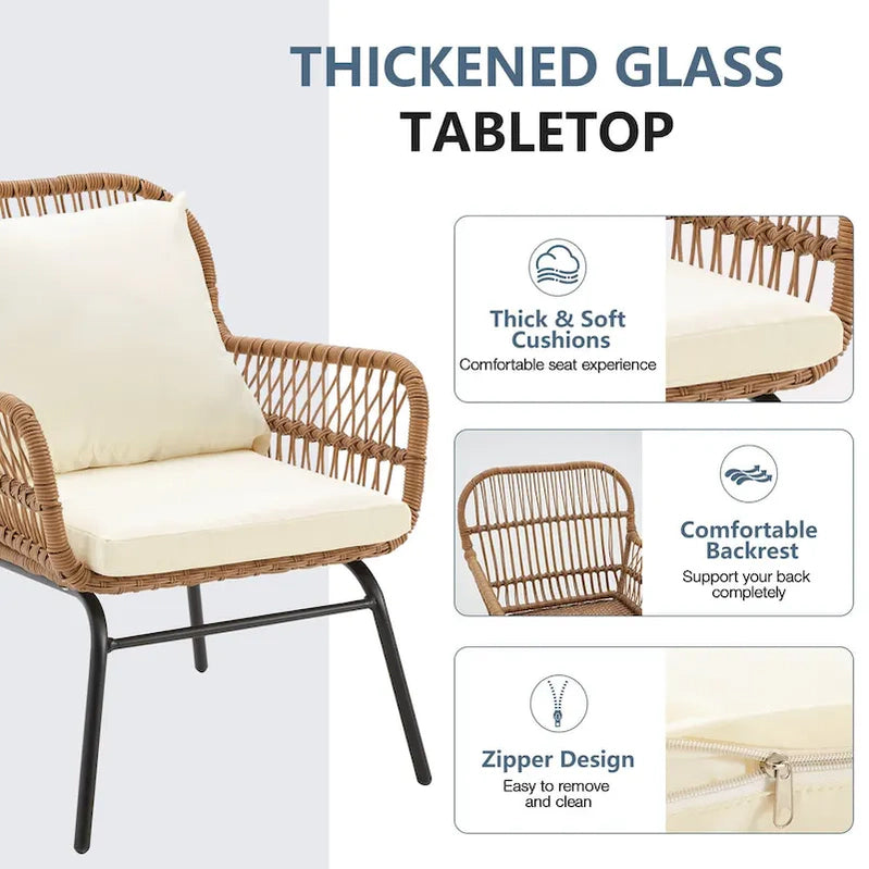 3-Piece Patio Conversation Bistro Set, Outdoor Rattan Furniture Set With Glass Table And 2 Wide Armchairs, Seat Cushions