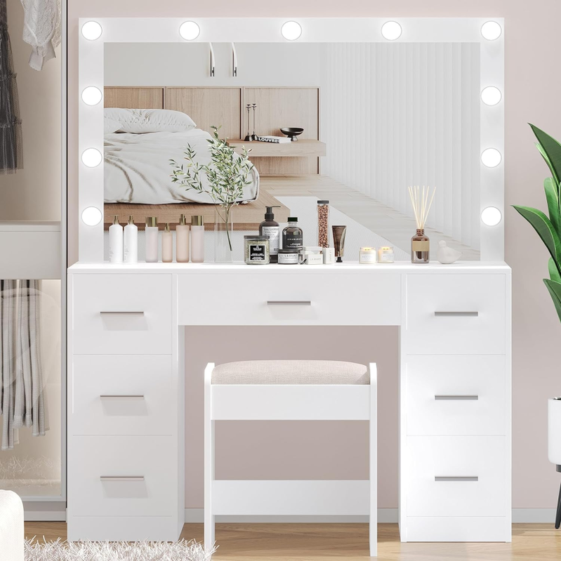 Vanity Desk With Stool, Makeup Table With Lighted Mirror, 3 Color Lighting Modes, Brightness Adjustable, Dressing Table