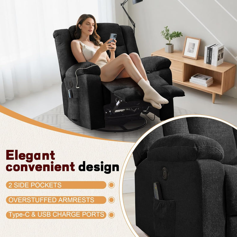 Rocker Recliner, Glider Recliner Chairs For Adults, 360 Degree Swivel Rocking Chair With Massage And Heating