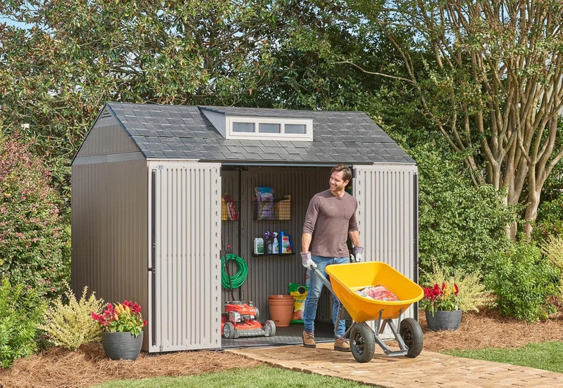 Rubbermaid Resin Garden Shed With Floor, 2.13 x 2.13 M, Weatherproof, Grey, For Storing Garden Tools, Lawnmowers, Bicycles And Pool Accessories