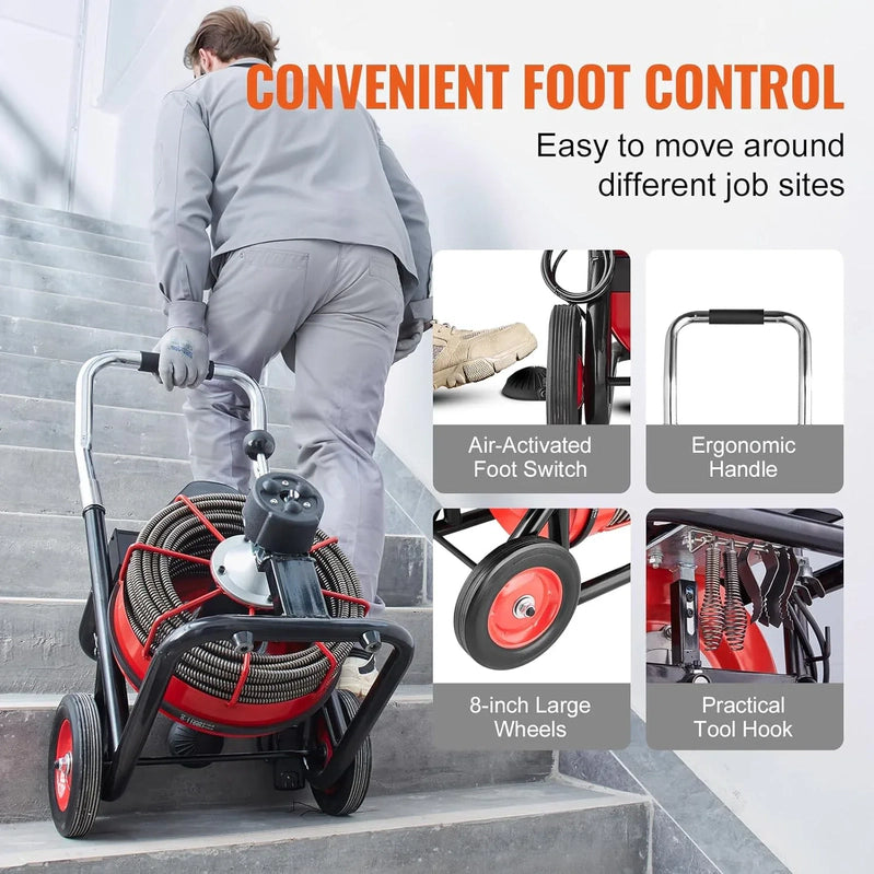 Drain Cleaner Machine 100 Ft. x 1/2 In, Auto Feed Sewer Snake Auger On Wheels