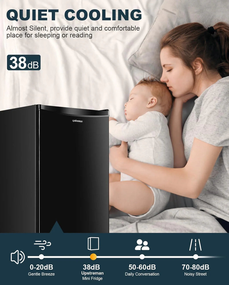 Upstreman 3.2 Cu. Ft. Mini Fridge With Freezer, Single Door Mini Fridge, Dorm Fridge, Adjustable Thermostat, Black-BR321
