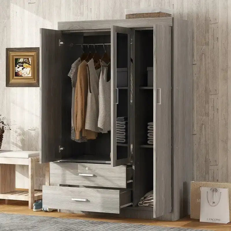3-Door Mirror Wardrobe With Shelves And 2 Drawers