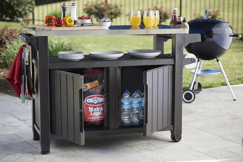 Keter Outdoor Rolling Table Cart For Food Prep, Storage, Bar And Grill, Dark Brown