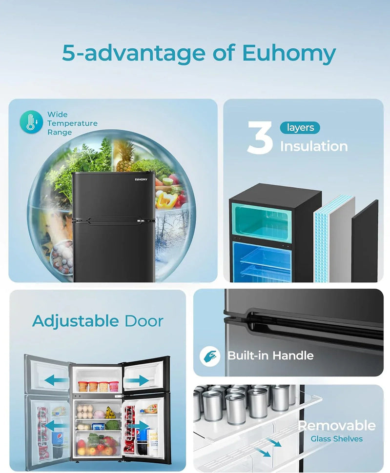 Euhomy 3.2 Cu. Ft. Mini Fridge With Freezer 2-Door Compact Refrigerator For Bedroom, Dorm, Office Or Apartment, Silver