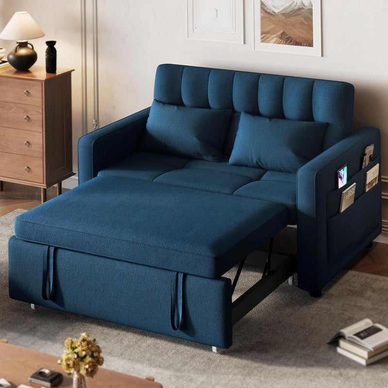 3-in-1 Convertible Sofa Bed, 55 In. Sleeper Sofa With Pull-Out Bed, Cat-Scratch-Proof Fabric Futon Couch With Adjustable Backrest And Side Pocket