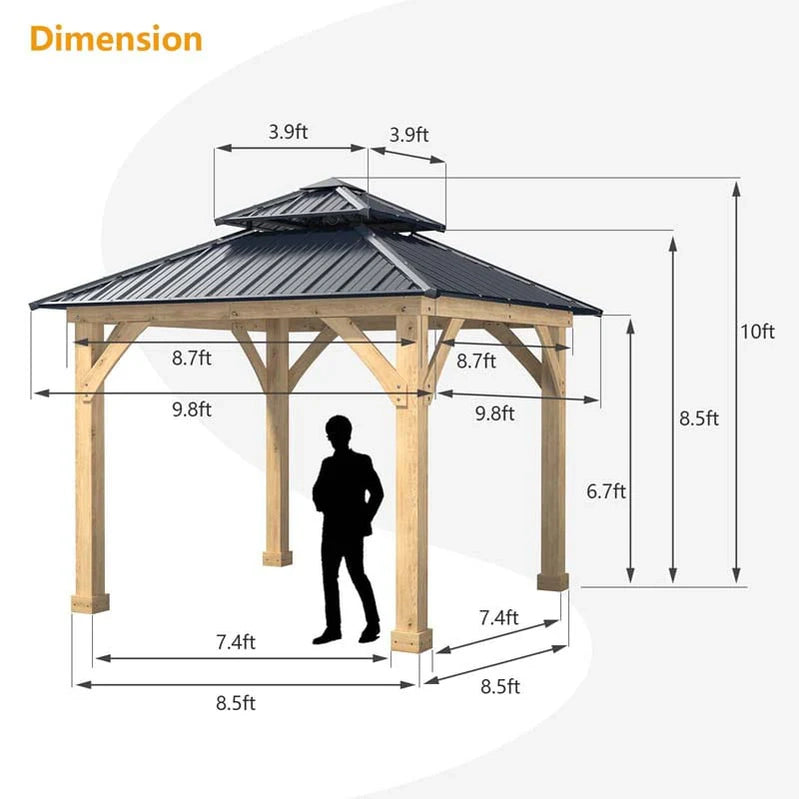 10 x 10 Ft. Outdoor Patio Hardtop Gazebo With Wood Frame And 2-Tier Metal Roof, All-Weather Gazebo Pergolas Shelter
