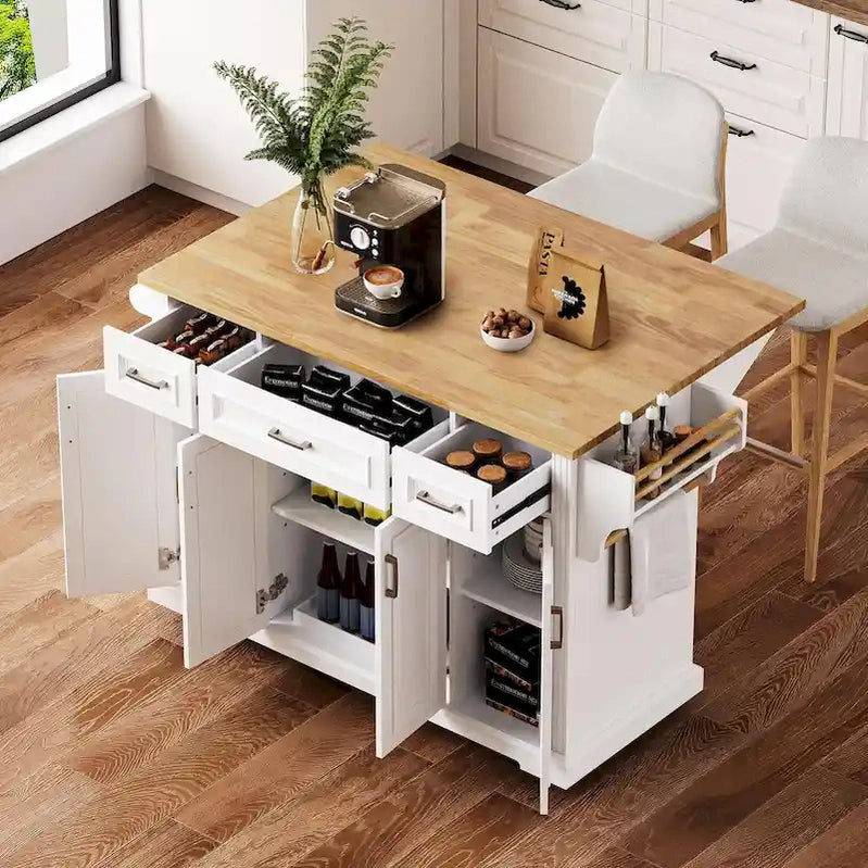 54 Large Kitchen Island With Rubber Wood Drop Leaf, Embossed Texture Rolling Kitchen Cart On 4 Wheels With 4 Doors And 3 Drawers