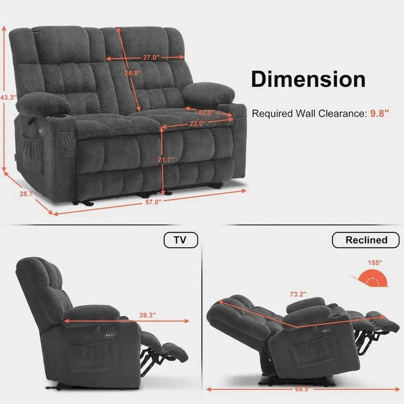 MCombo Power Loveseat Recliner, Electric Reclining Loveseat Sofa With Heat And Vibration, Cupholders, USB Charge Ports RS6314
