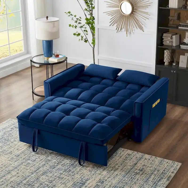 4 in1 Loveseat Sofa Bed With Armrests And Storage Pockets, Multi-Function Tufted Pull-Out Sofa Bed With Adjustable Backrest