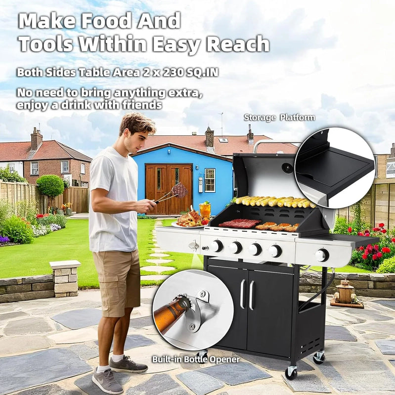 Upgraded 4 Burner Bbq Propane Gas Grill With Cast Iron Grates And Side Stove, 44,000 BTU Stainless Steel Burner Barbecue Grill For Patio