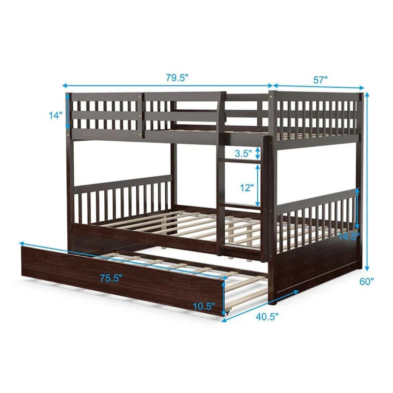 Solid Wood Full Over Full Bunk Bed Frame With Trundle, Safety Ladder And Guardrails, Convertible Bunk Bed For Kids Teens